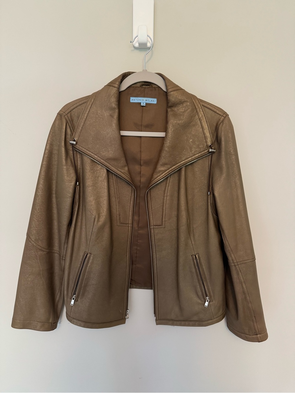 Antonio Melani Bronze Taupe Metallic Genuine Leather RARE Moto Jacket Sz 12